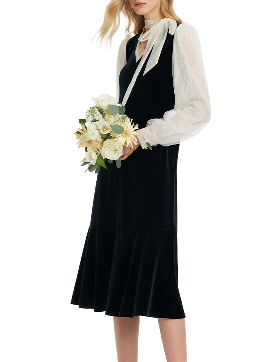 Elegant Black Formal Dress for Women - Silk & Lace Long Sleeve V-Neck Velvet Evening Gown | Perfect for Weddings, Parties, and Special Occasions