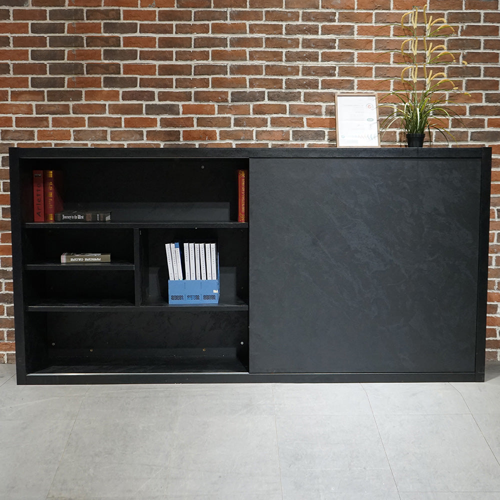 AFTAN 94.5-Inch Black Concrete TV Stand with Open Shelves - Modern Entertainment Center for Living Room, Bedroom & Home Theater