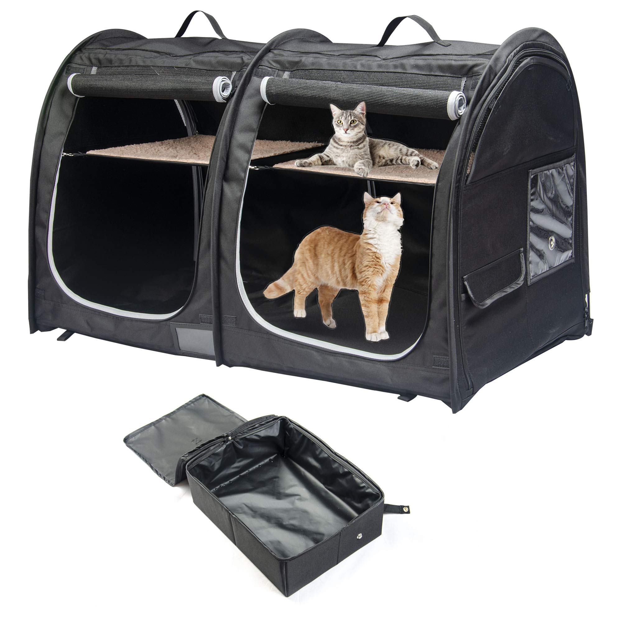 Mispace Portable Twin Compartment Cat Cage & Dog Crate - Foldable Pet Carrier with Carry Bag, 2 Hammocks, Mats & Collapsible Litter Box - Ideal for Travel, Home & Vet Visits - Comfortable Kennel for Puppies & Cats