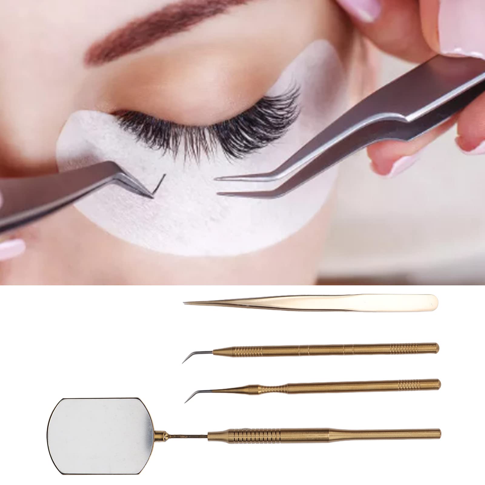 Professional Eyelash Extension Kit - Stainless Steel Tweezers Set with Rotatable Inspection Mirror for Precise Lash Application (Gold) | Perfect for Salon Professionals & DIY Lash Artists at Home