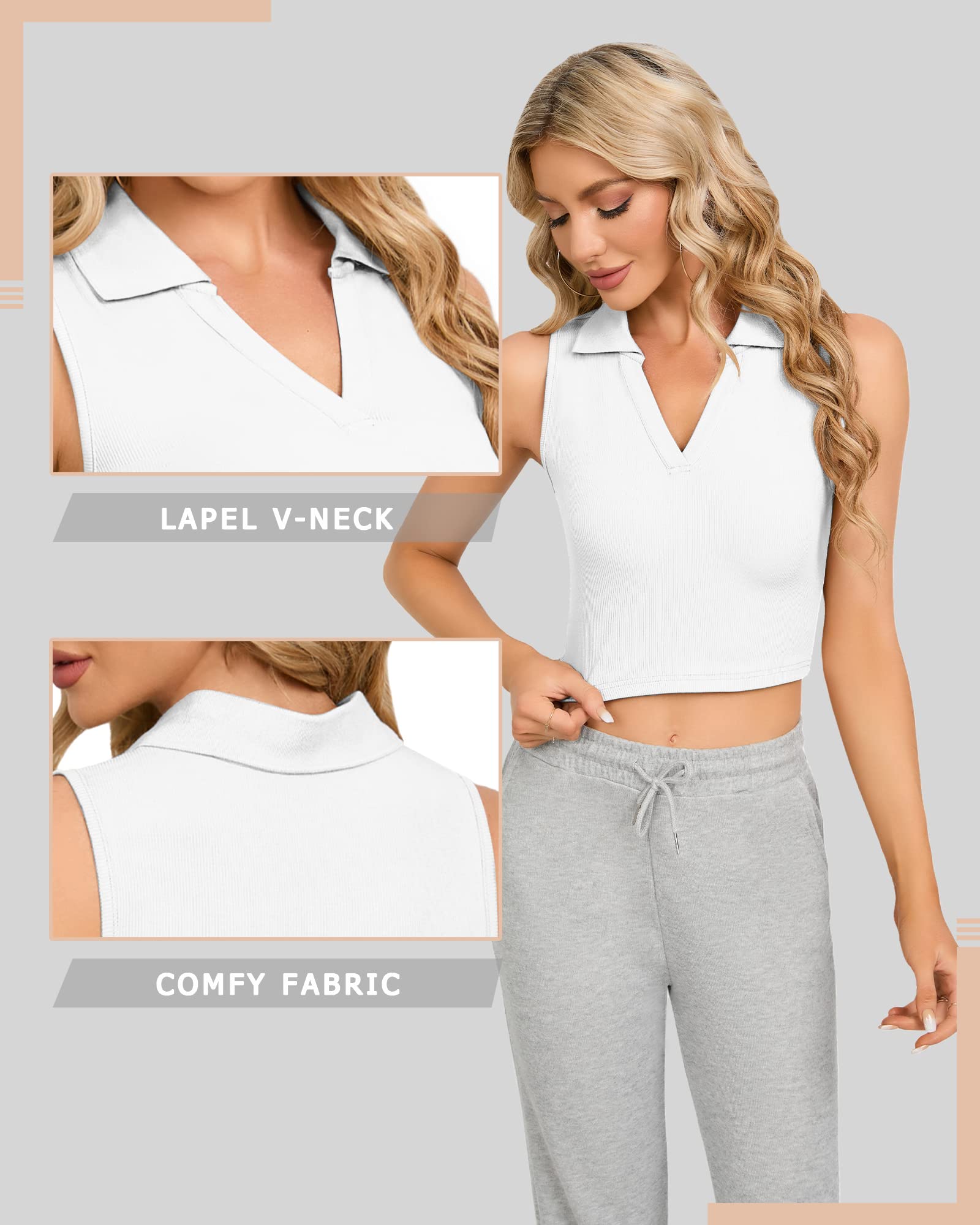 CLOZOZ Women's Polo Crop Top - V Neck Ribbed Sleeveless Collar Shirt, Trendy Summer Casual Wear for Outfits, Gym, Beach & Daily Fashion