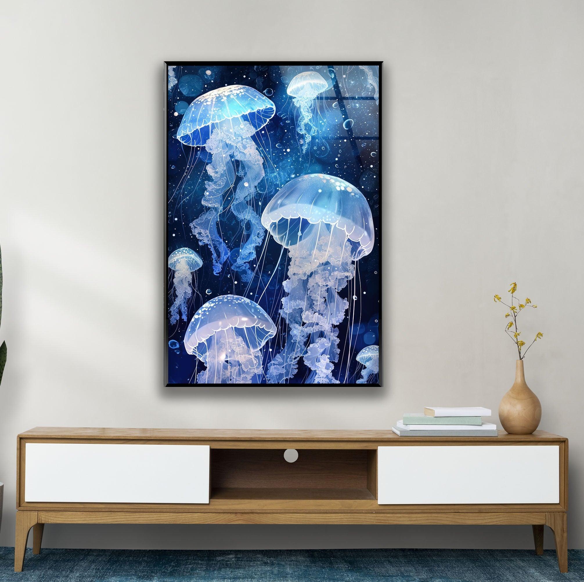 Arctic Jellyfish Glass Wall Art - Handmade Ocean-Themed Home Decor for Living Room, Bedroom & Office - Unique Sea Creature Wall Hanging for Coastal & Modern Interior Design