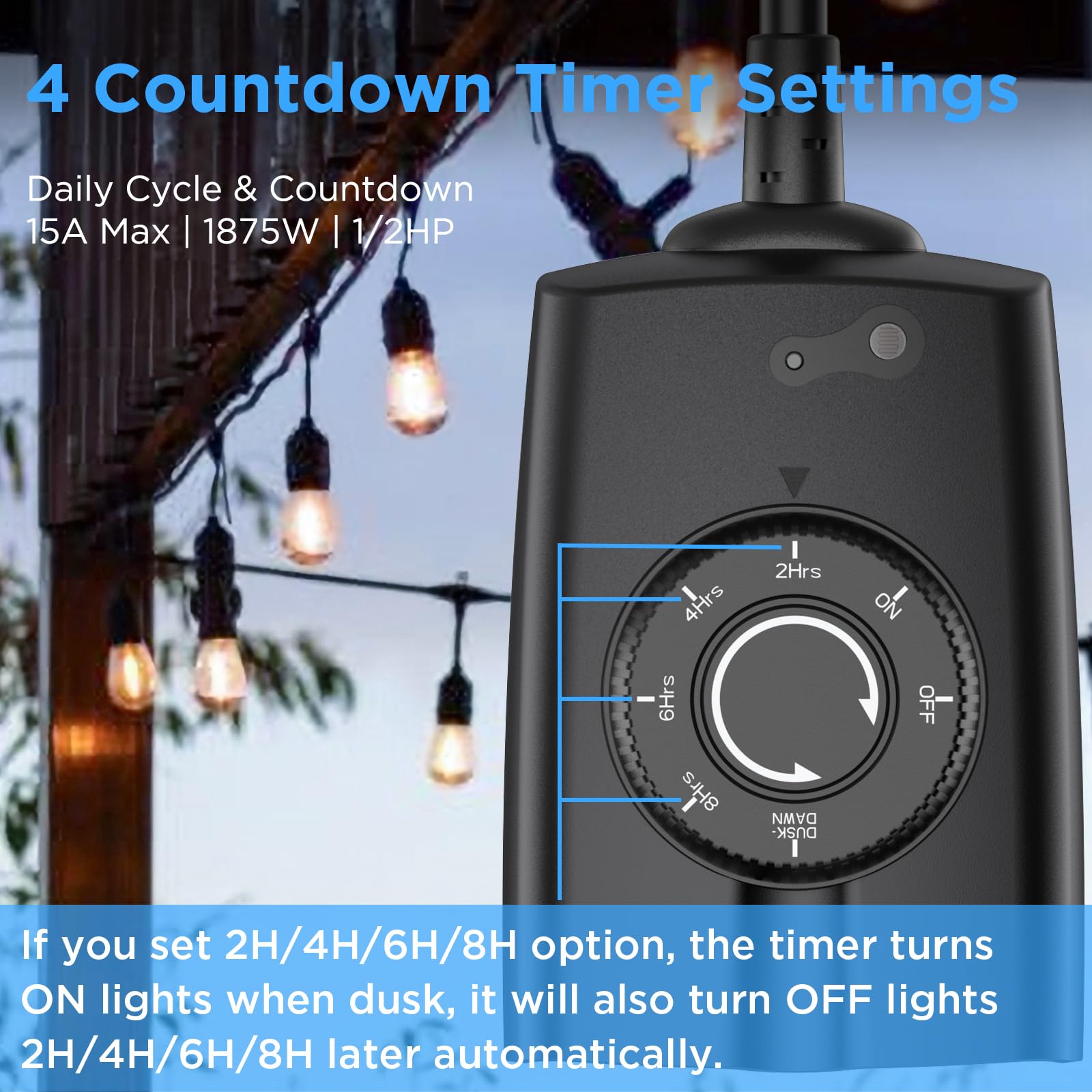 Outdoor Timer Outlet Waterproof with Photocell Sensor - Dusk to Dawn & Countdown Timer for Christmas Lights, 2 Grounded Outlets, 15A 1/2HP, CSA Certified - Perfect for Holiday Decorations, Landscape Lighting & Outdoor Electrical Devices