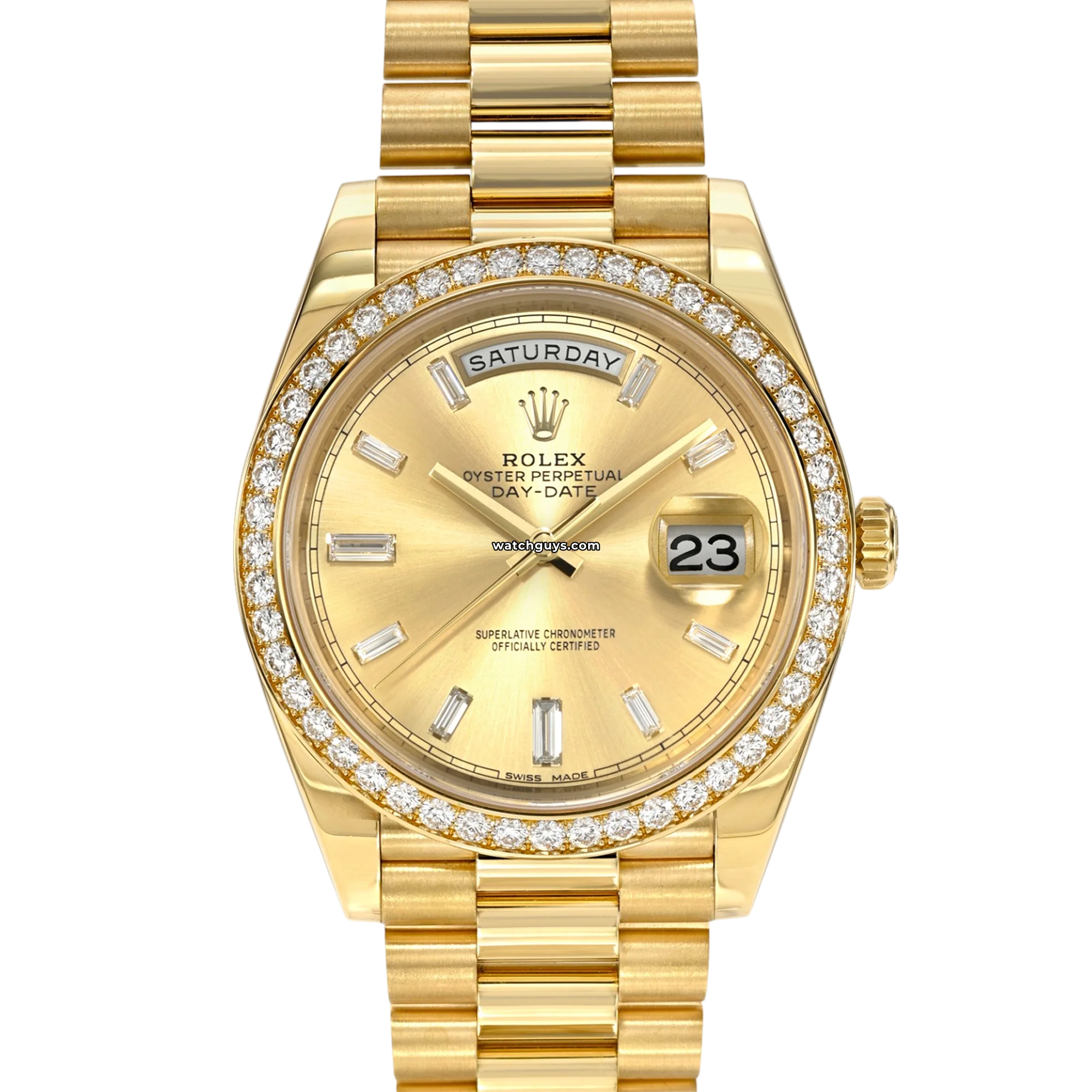 Luxury Rolex Day-Date 228348RBR 18K Gold Watch with Champagne Dial & Baguette Diamonds - Perfect for Business Meetings & Formal Events
