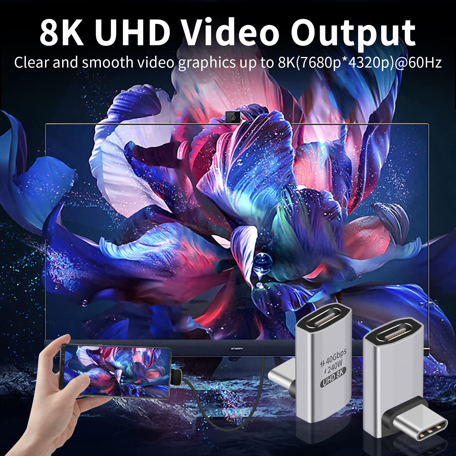 Duttek 90 Degree Right Angle USB C Adapter (2-Pack) - 40Gbps USB 4 Cable Extender, Male to Female Connector - Supports 8K@60Hz Video & 240W PD Charging - Compatible with Tablets, Hubs, Thunderbolt Devices - Perfect for Home Office, Gaming & Multimedia Setups