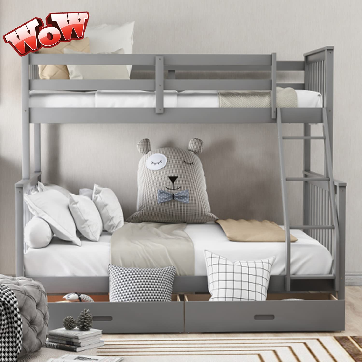 TOEIGEYNR Twin Over Full Bunk Bed with Ladder - Solid Wood Bunk Beds Twin Over Full Size with Storage - Convertible Bunk Bed Frame Separates into Twin/Full Size Bed - Space-Saving Solution for Kids, Teens & Adults (Gray) - Perfect for Small Bedrooms, Guest Rooms & Vacation Homes