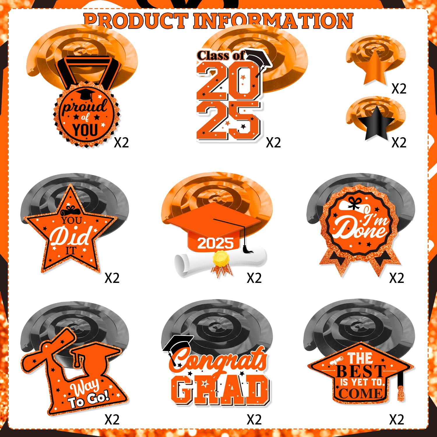 40Pcs Orange Graduation Party Decorations 2025 - Hanging Swirls for Graduation Ceremony, Congrats Grad Orange and Black Decor - Perfect for Graduation Parties, School Events & Photo Backdrops
