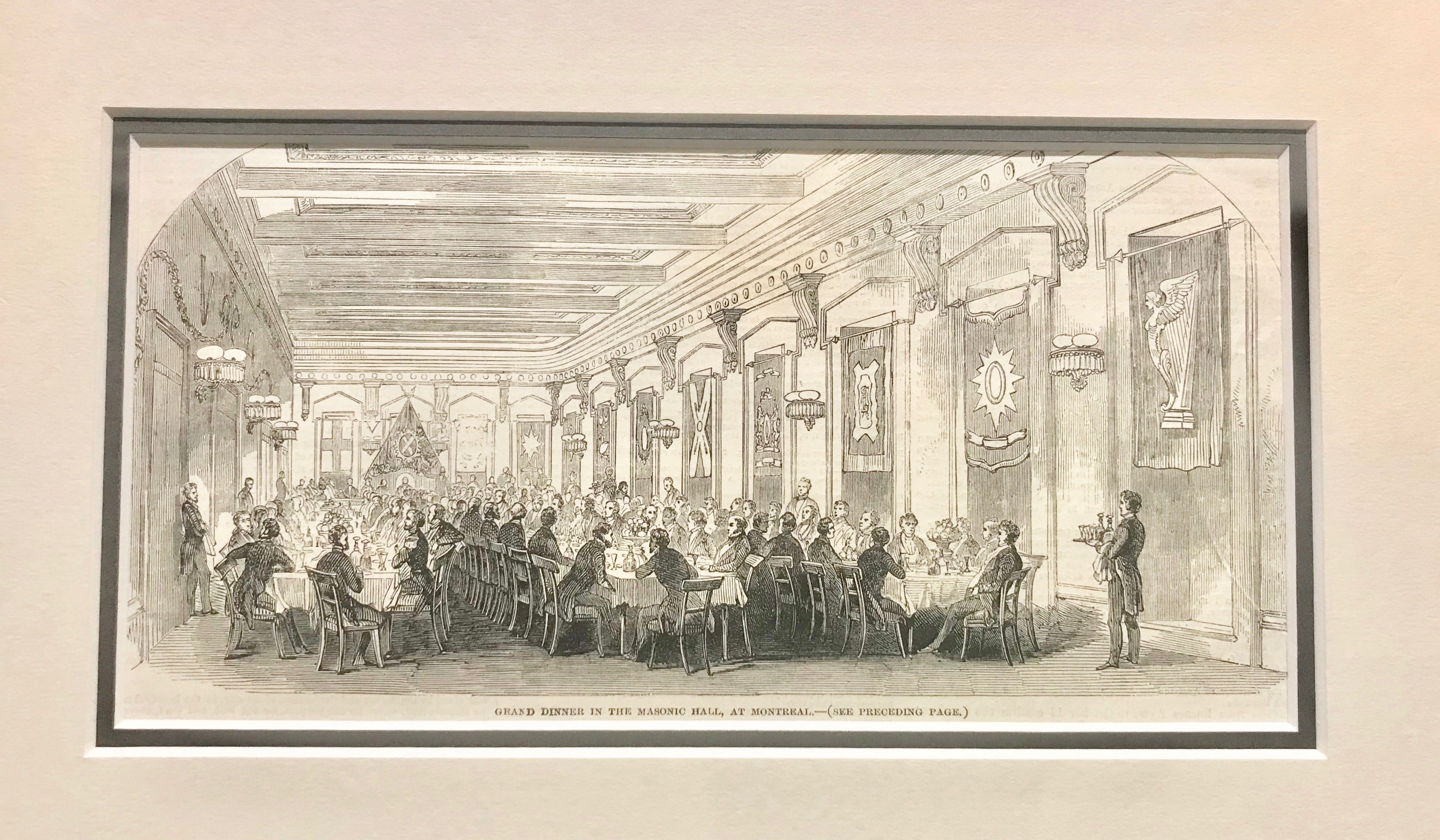 1860s Antique Engraving Print - London Illustrated News Historical Artwork - Masonic Temple Dinner Scene in Montreal - Perfect for Victorian Era Collectors & Home Decor