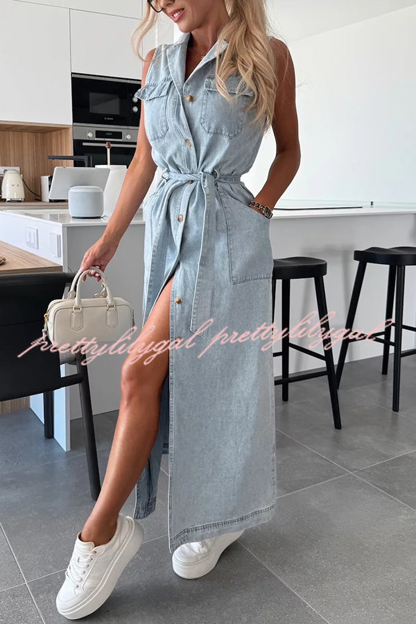Solid Color Sleeveless Denim Midi Dress with Waist Tie & Pockets - Casual Summer Dress for Women, Perfect for Beach Outings, Picnics, and Weekend Brunch
