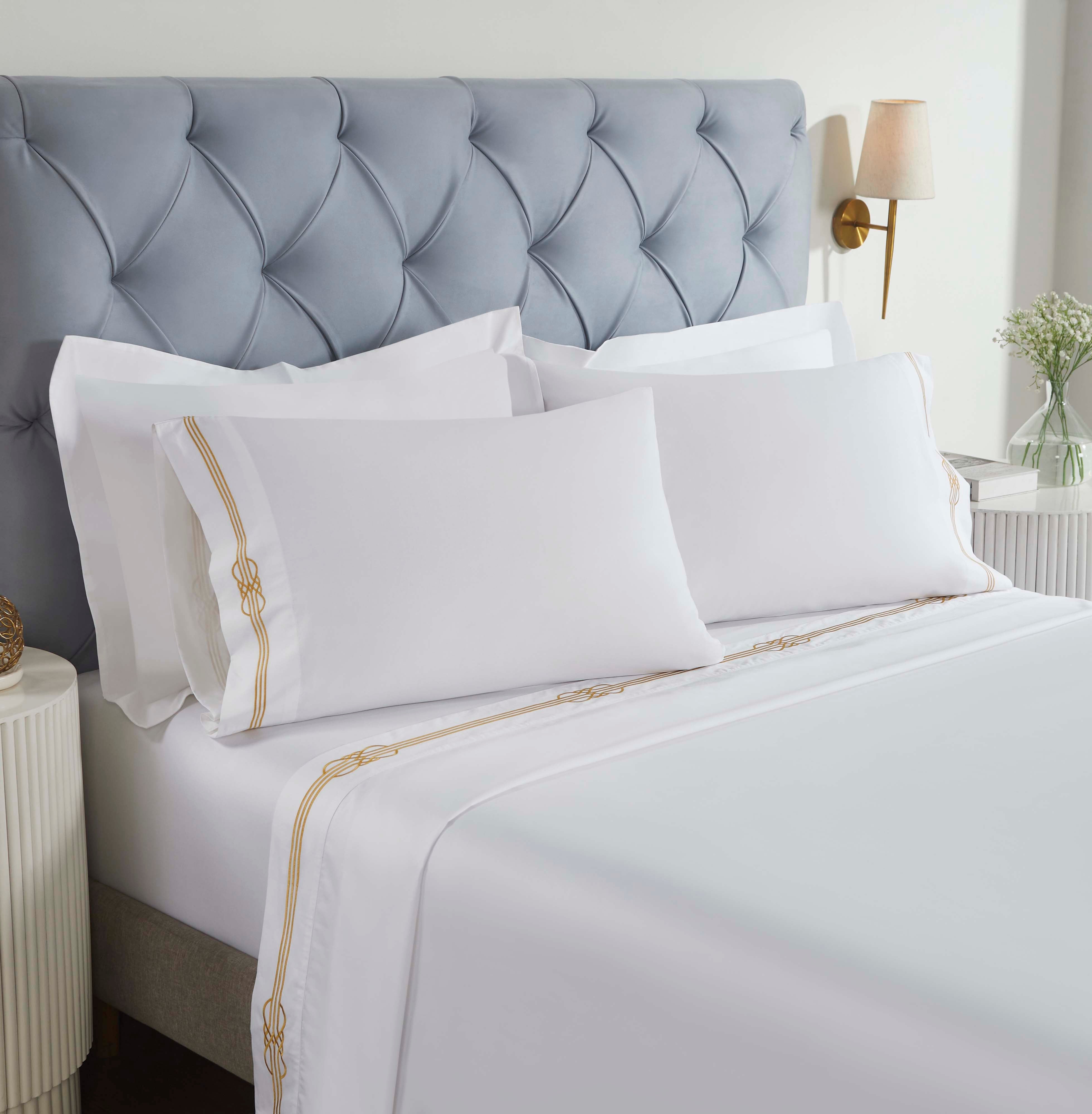 Premium Cotton Gold Embroidered Deep Pocket Bed Sheet Set - Queen Size 4-Piece Luxury Bedding for Master Bedroom & Guest Room Decor