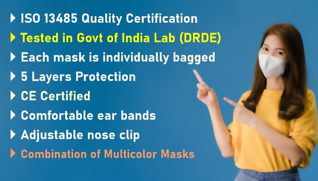 AmazerCare N95 Disposable Face Masks - 5-Layer Protection, CE Certified & ISO 13485 Approved - Multicolor Pack for Daily Use, Work, Travel and Public Safety