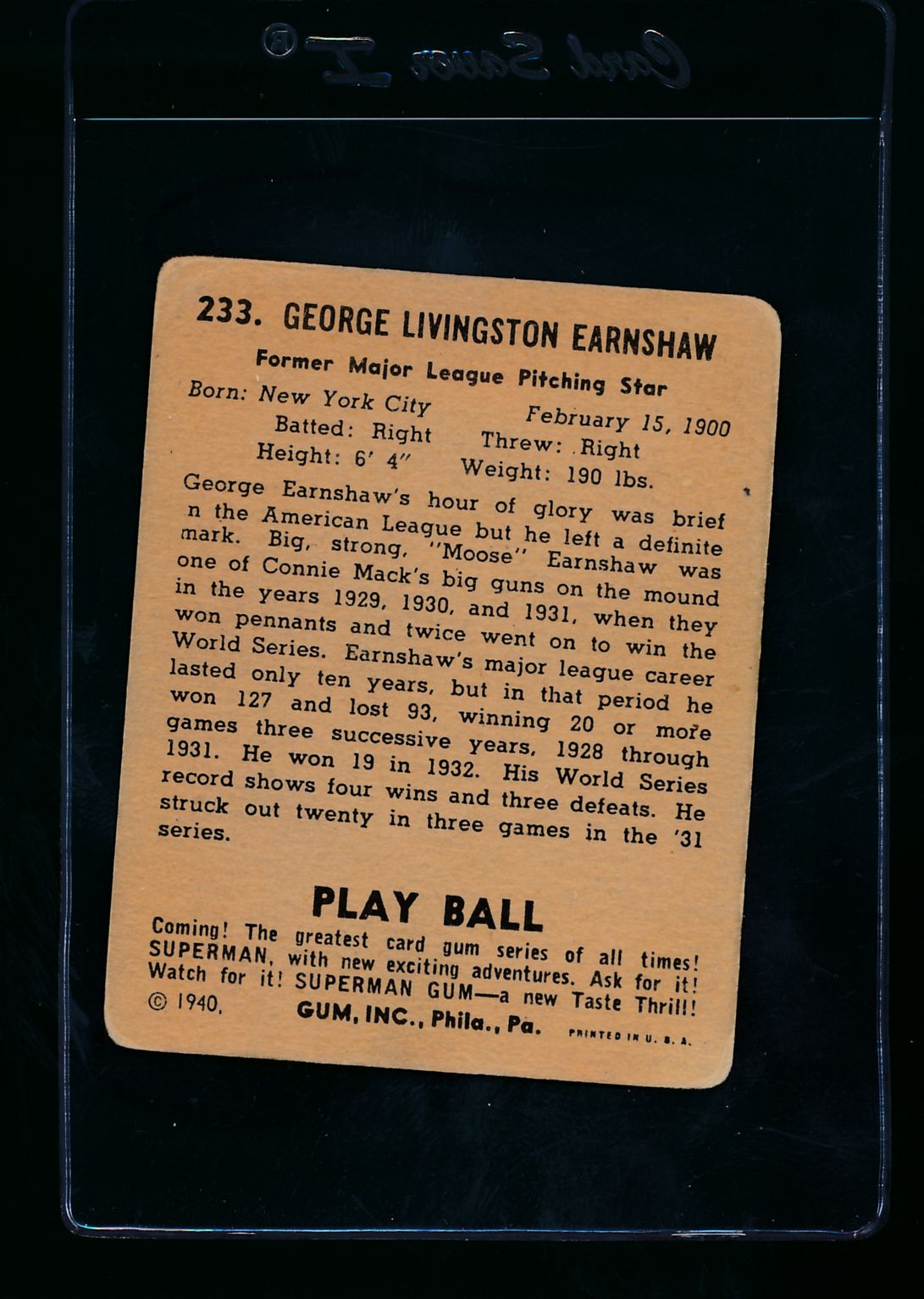 1940 Play Ball Baseball Card #233 George Earnshaw VG Condition - Vintage Sports Memorabilia for Collectors & Display