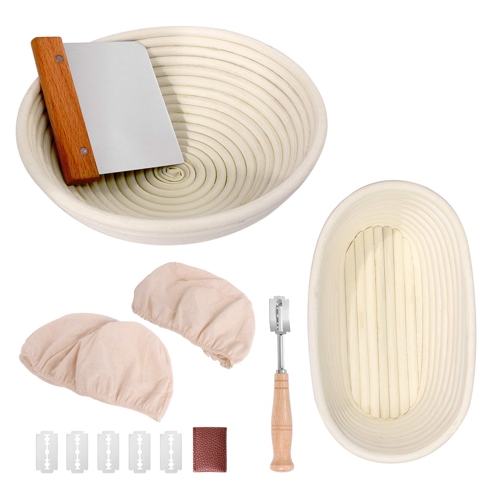 9.6 Inch Oval & 10 Inch Round Natural Rattan Bread Proofing Basket Set with Lame, Dough Scraper & Linen Liner - Professional & Home Baking Tools for Sourdough, Artisan Bread Making (Perfect for Kitchen, Bakery & Bread Making Enthusiasts)