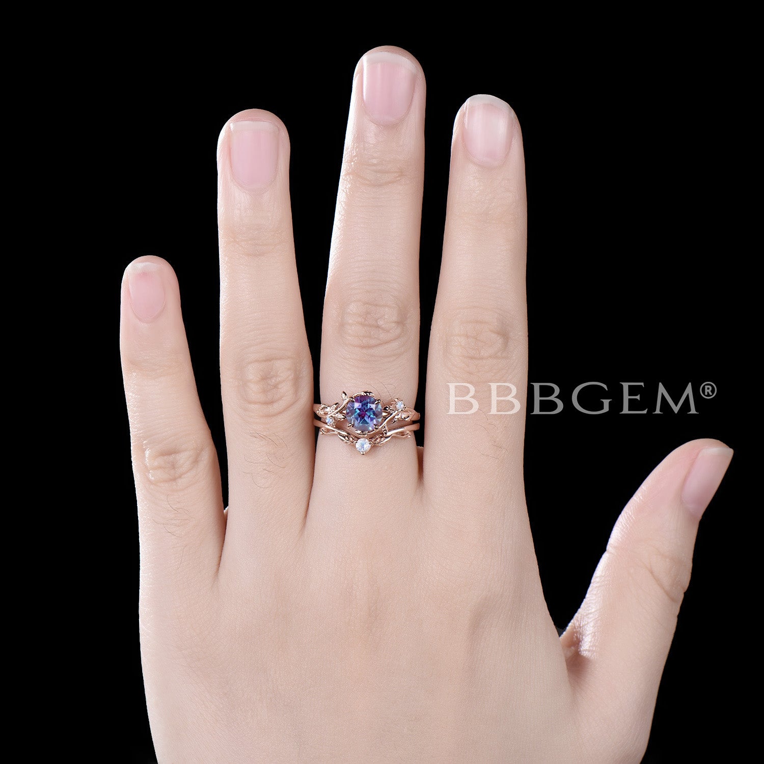 Rose Gold Leaf Round Alexandrite Engagement Ring Set - Vintage Branch Vine Moonstone Wedding Band - Perfect for Bridal Jewelry, Anniversary Gifts & Romantic Proposals