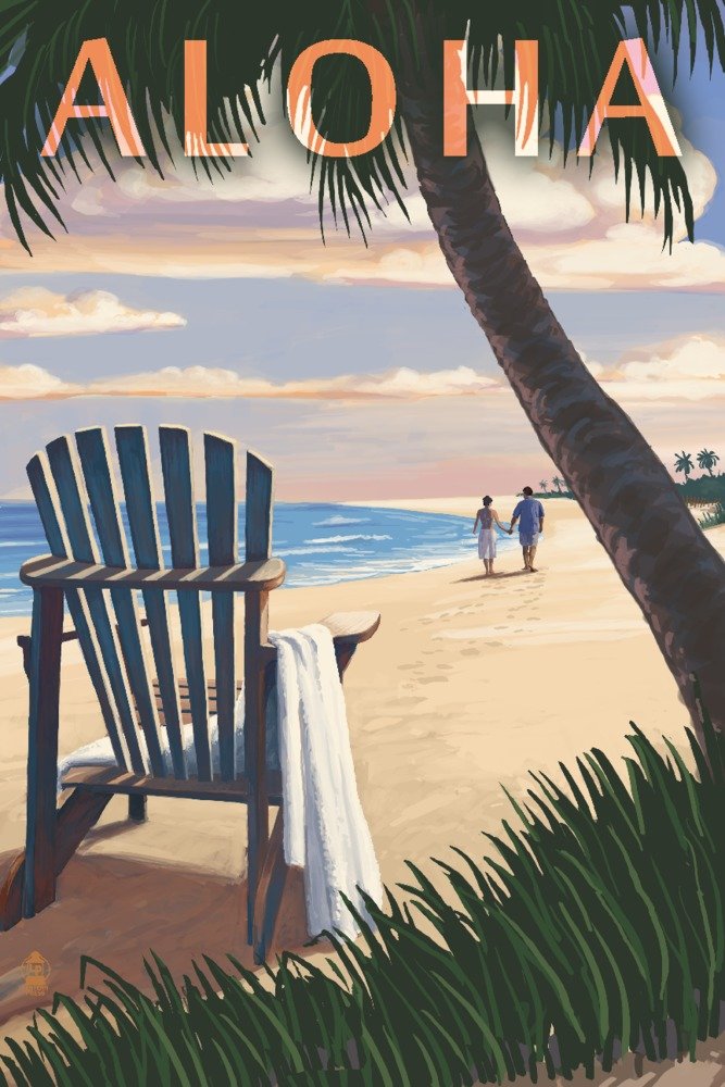 Adirondack Chairs and Sunset - Aloha Style Giclee Art Print 16x24 Inch - Tropical Wall Decor for Beach House, Living Room & Office - Travel Poster for Hawaii Lovers