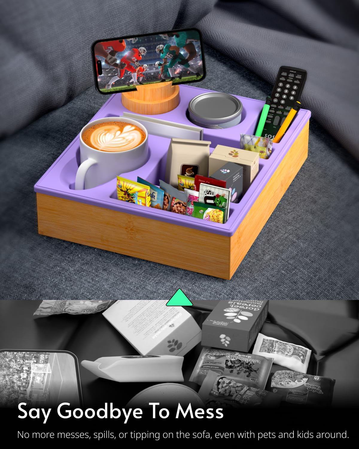 **Silicone Couch Cup Holder Tray - Sofa & Bed Drink Holder, Couch Organizer Caddy with Snack Tray & Remote Storage, Perfect for Living Room, Beach, and Movie Nights (Purple)**