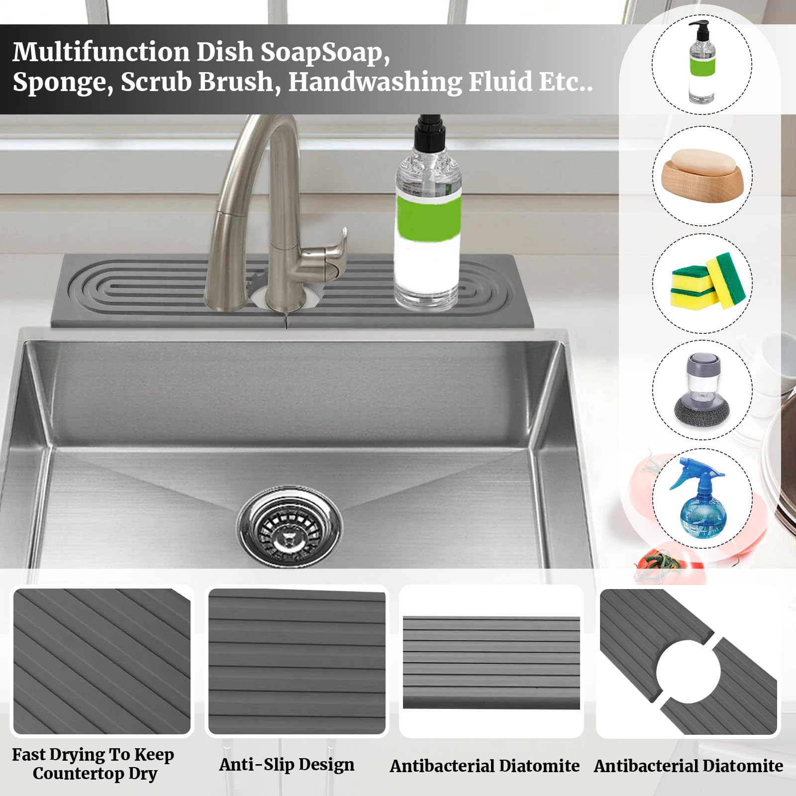 Premium Diatomite Sink Splash Guard & Fast-Drying Stone Tray (15.7