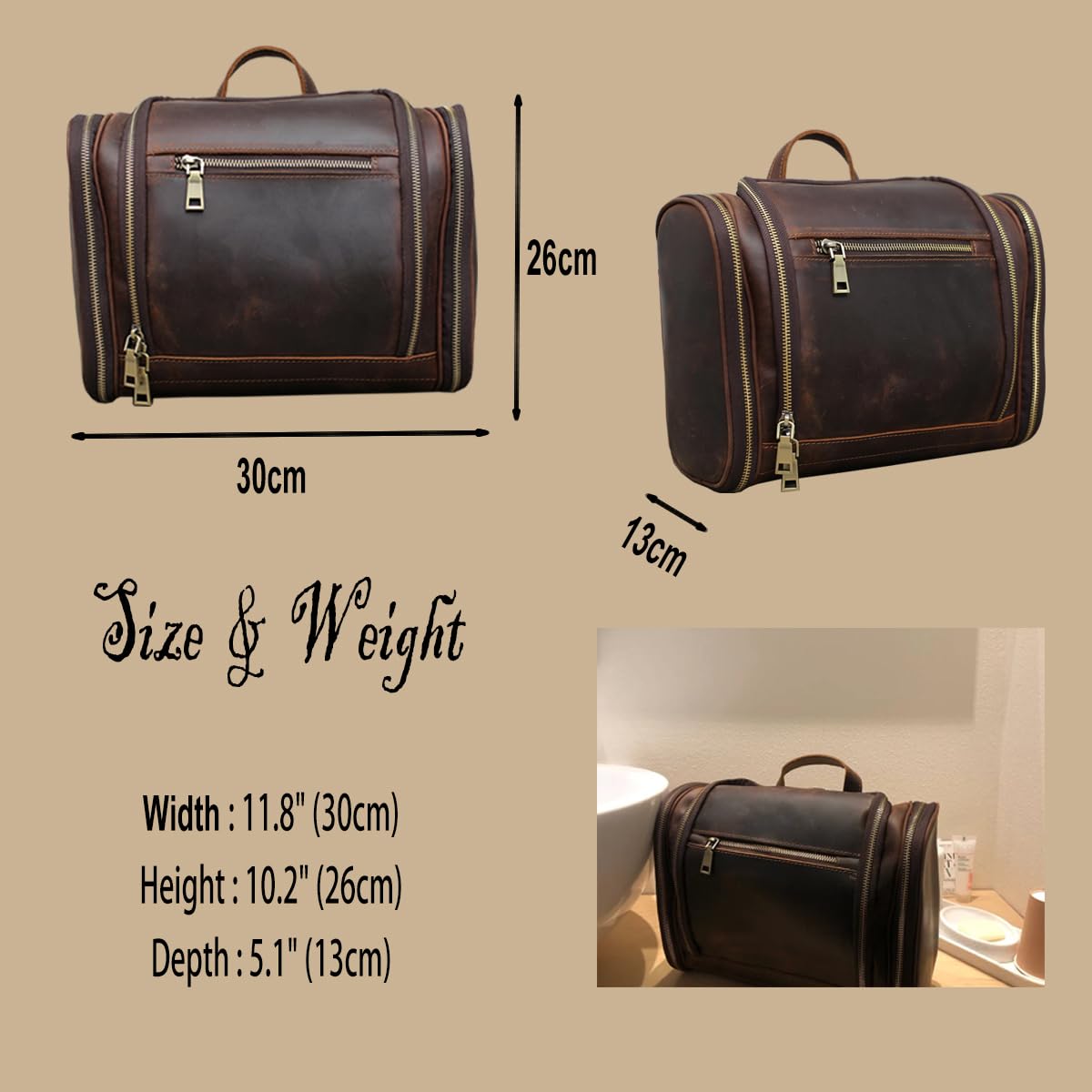 Premium Genuine Leather Hanging Toiletry Bag for Men & Women - Personalized Travel Shaving & Dopp Kit Organizer - Best Man Gift & Wedding Present (Coffee Brown) - Ideal for Business Trips, Camping & Vacation Essentials