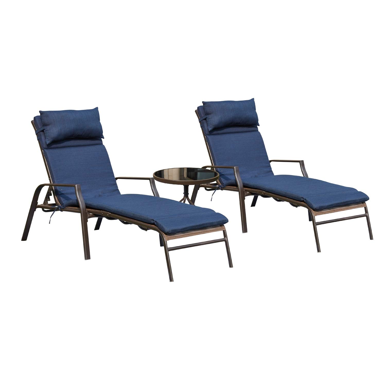 Premium Outdoor Lounge Chair Set - Adjustable Metal Patio Chaise Lounge with Folding Table (3-Piece, Blue) for Backyard, Poolside, Beach & Camping Comfort