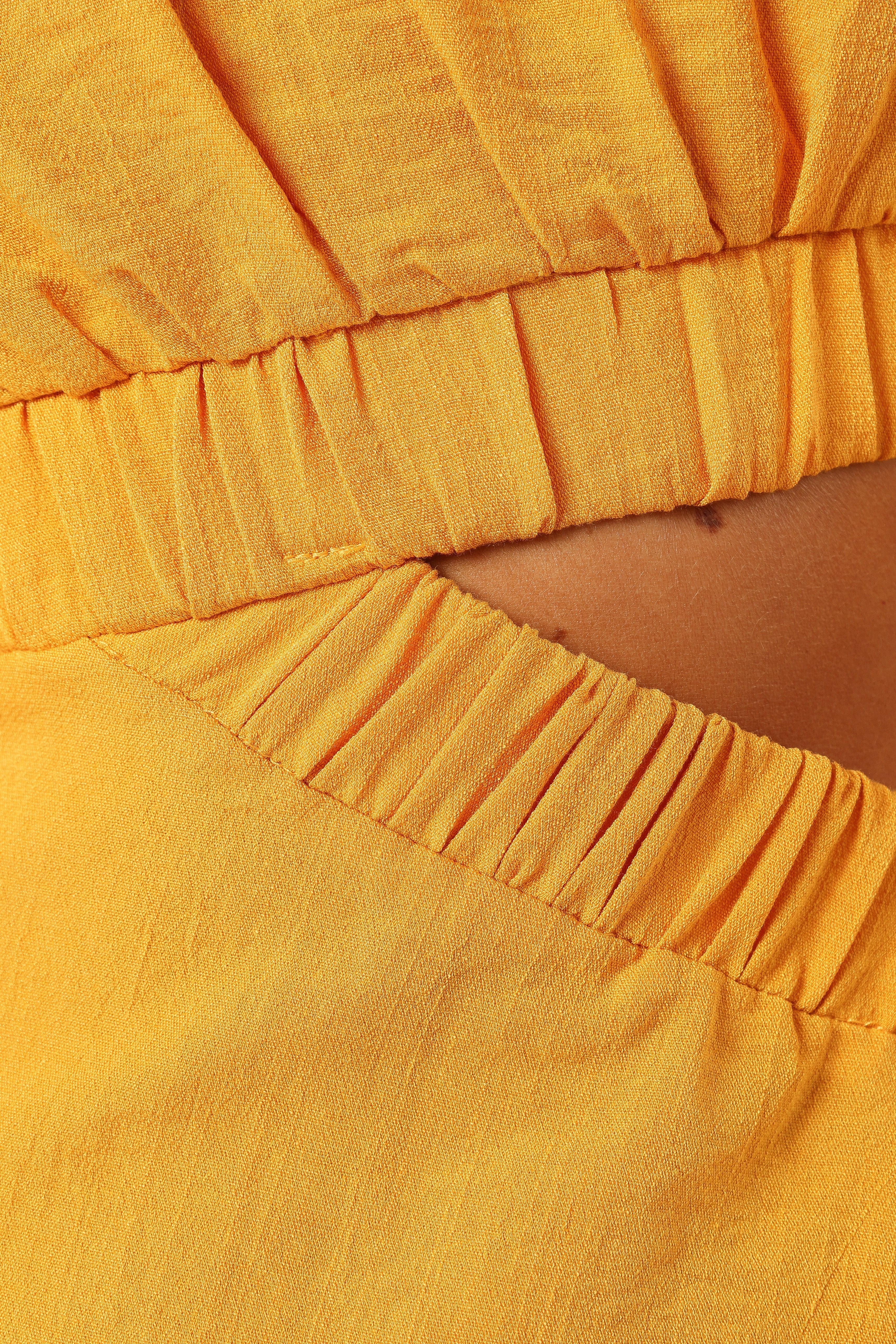 Ginnee Puff Sleeve Cutout Midi Dress in Mustard Yellow | Flowy Summer Dress for Women | Perfect for Beach Vacations, Date Nights & Outdoor Parties