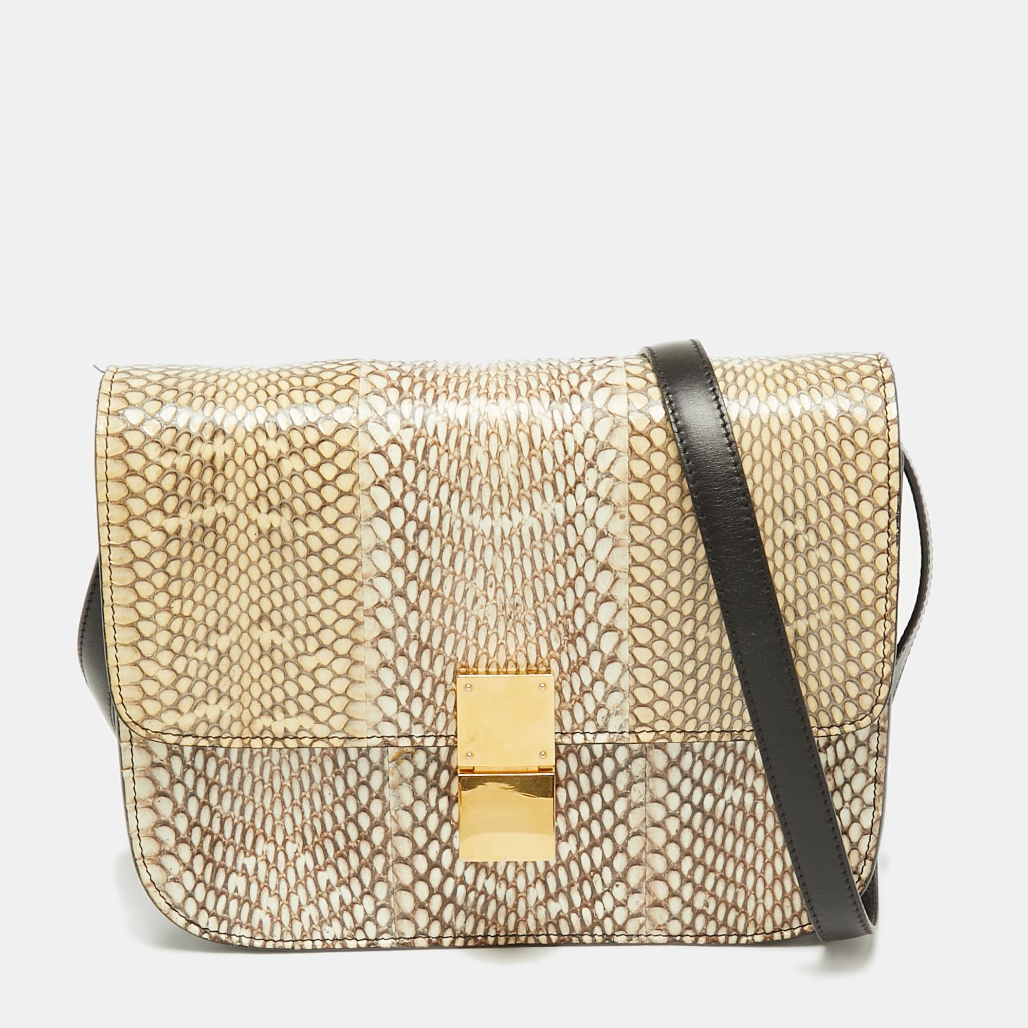Beige & Cream Watersnake Medium Classic Box Shoulder Bag - Elegant Women's Handbag for Work, Date Night & Special Occasions