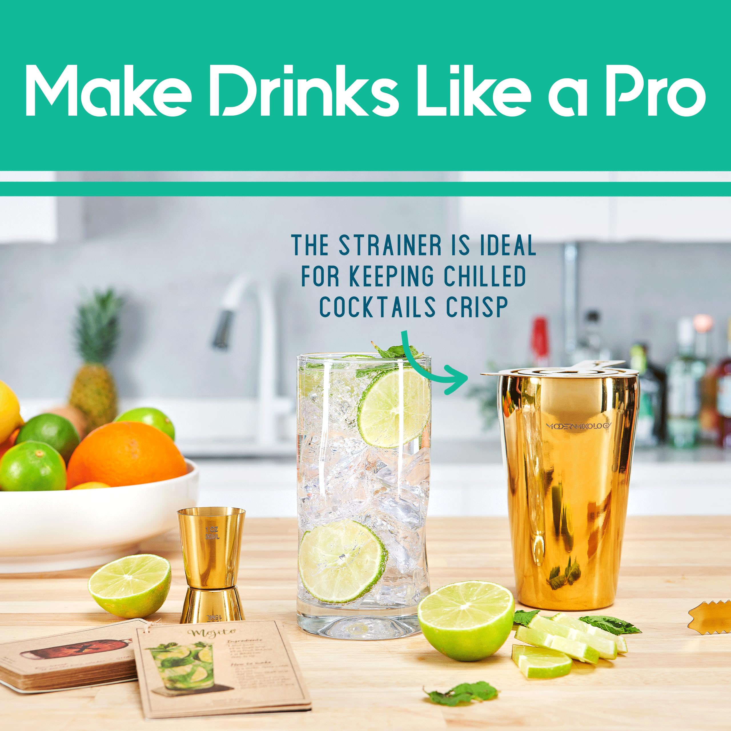 8-Piece Gold Cocktail Shaker Set with Pine Wood Stand, Recipe Cards & Bar Accessories - Premium Mixology Kit for Home Bartending & Party Hosting