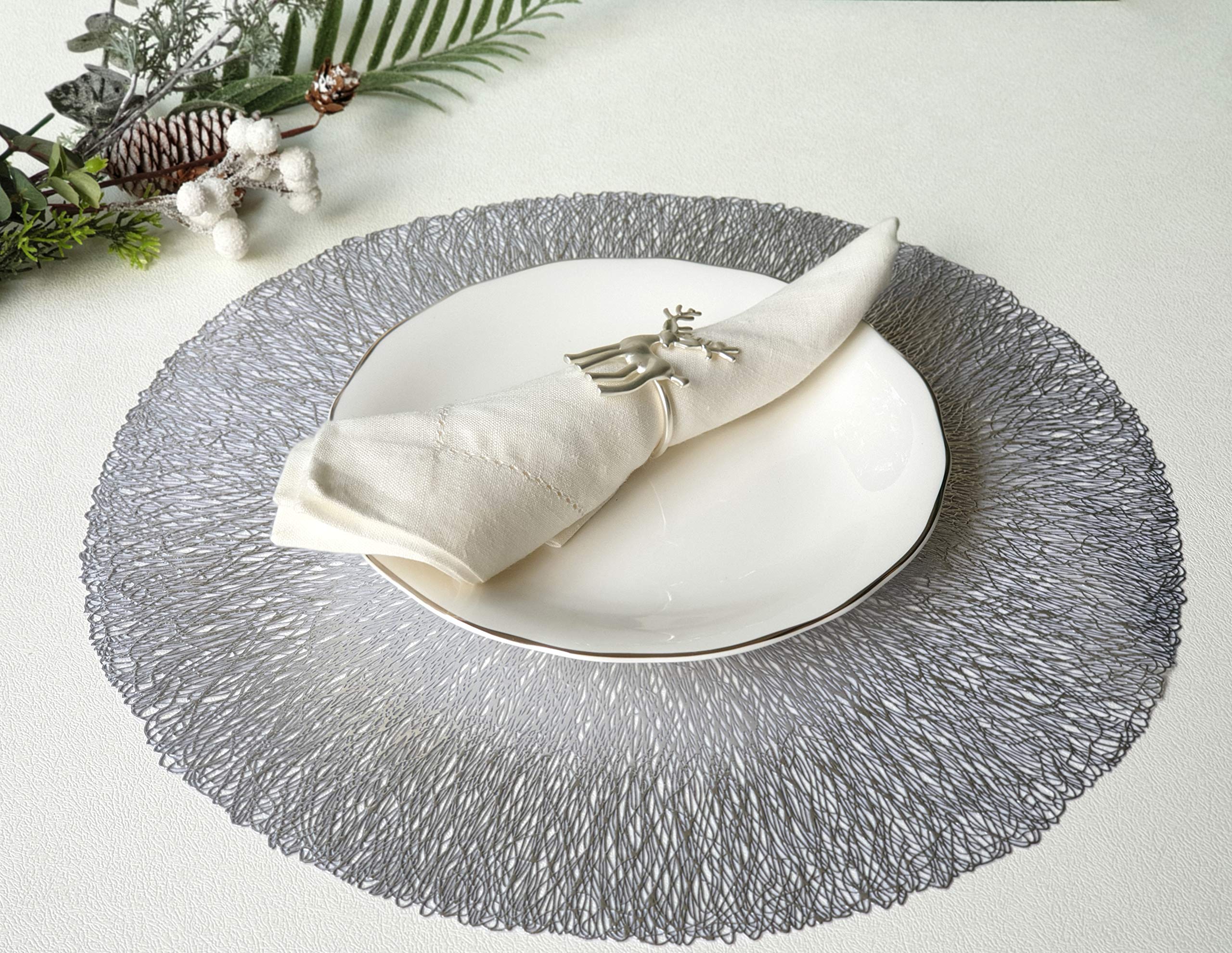 Round Silver Vinyl Placemats Set of 4 - 15 Inch Modern Dining Table Mats for Thanksgiving, Christmas & Housewarming Parties - Waterproof & Easy Clean Place Settings for Everyday Use & Special Occasions