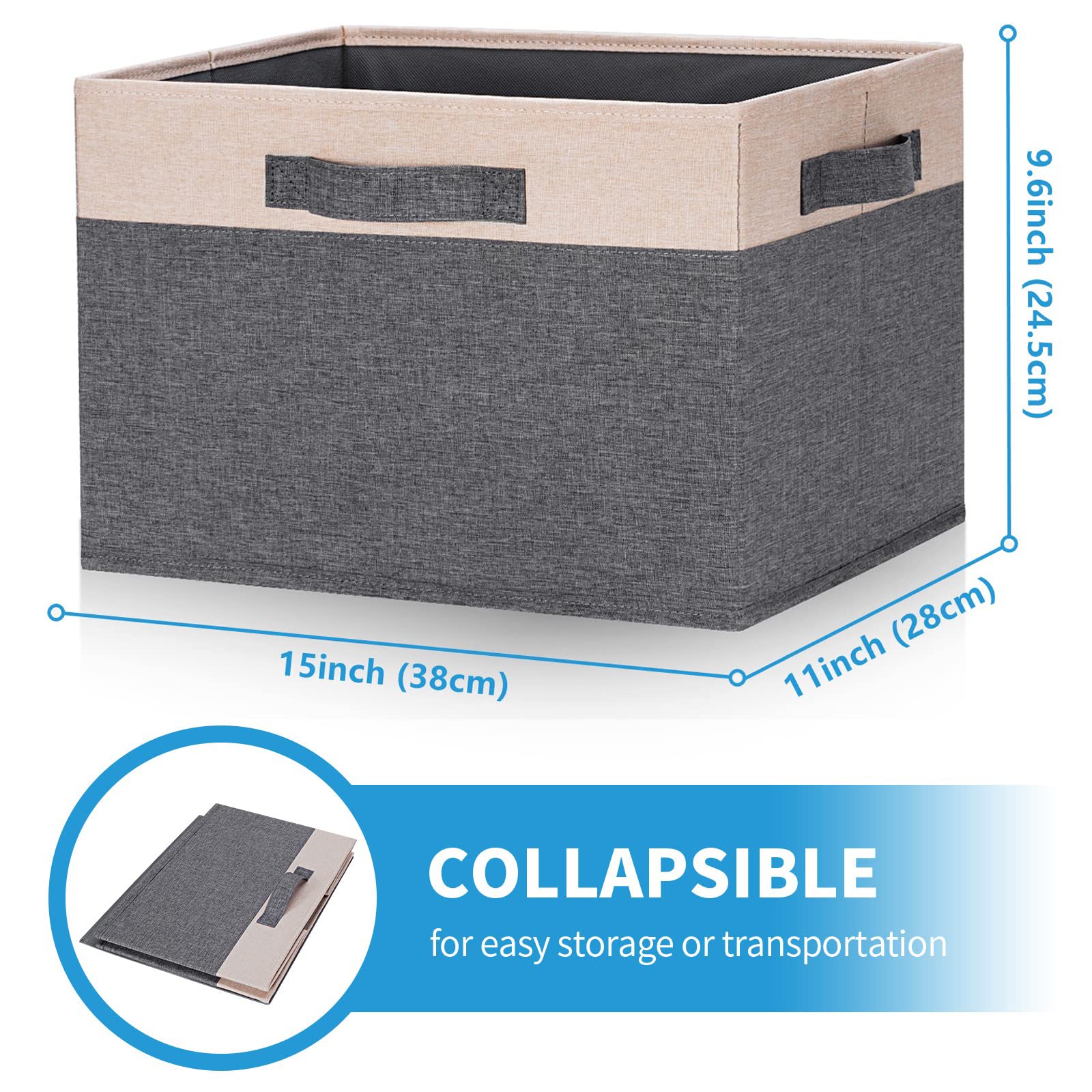 Large Foldable Fabric Storage Bins with 3 Handles - 15x11x9.6 Inch Closet Organizer Baskets - Sturdy Shelving Storage for Bedroom, Living Room & Office - Beige Set of 3 - Perfect for Home Organization & Space Saving