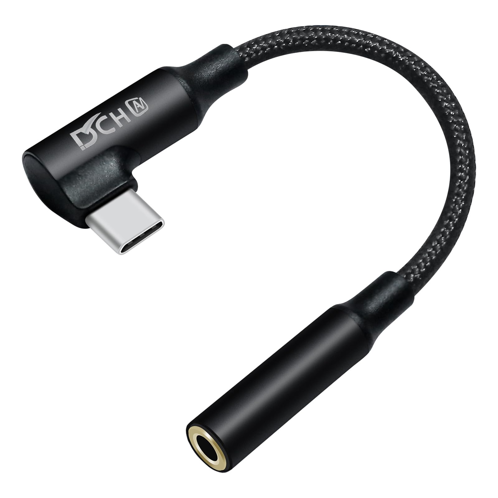 DCHAV USB-C to 3.5mm Audio Adapter with DAC Chip - Angled USB Type C Male to 3.5mm Female Headphone Jack Aux Cable - Compatible with Android Phones, Tablets, Laptops, Speakers & Car Stereos (Black) - Perfect for Music, Gaming & Hands-Free Calling