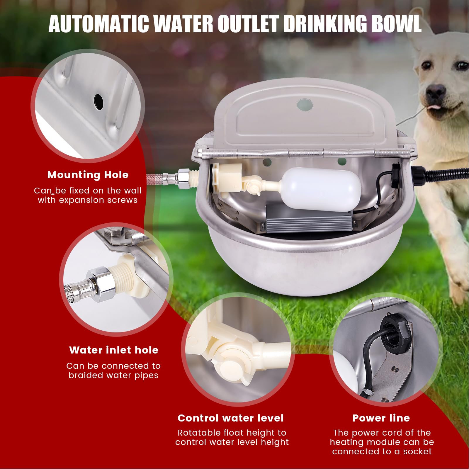 Automatic Heated Dog Water Bowl with Float Valve - Large Outdoor Heated Pet Waterer for Dogs, Cats, Rabbits, Horses & Chickens - Thermal Bowl for Winter Livestock Care - Perfect for Barns, Kennels & Backyards