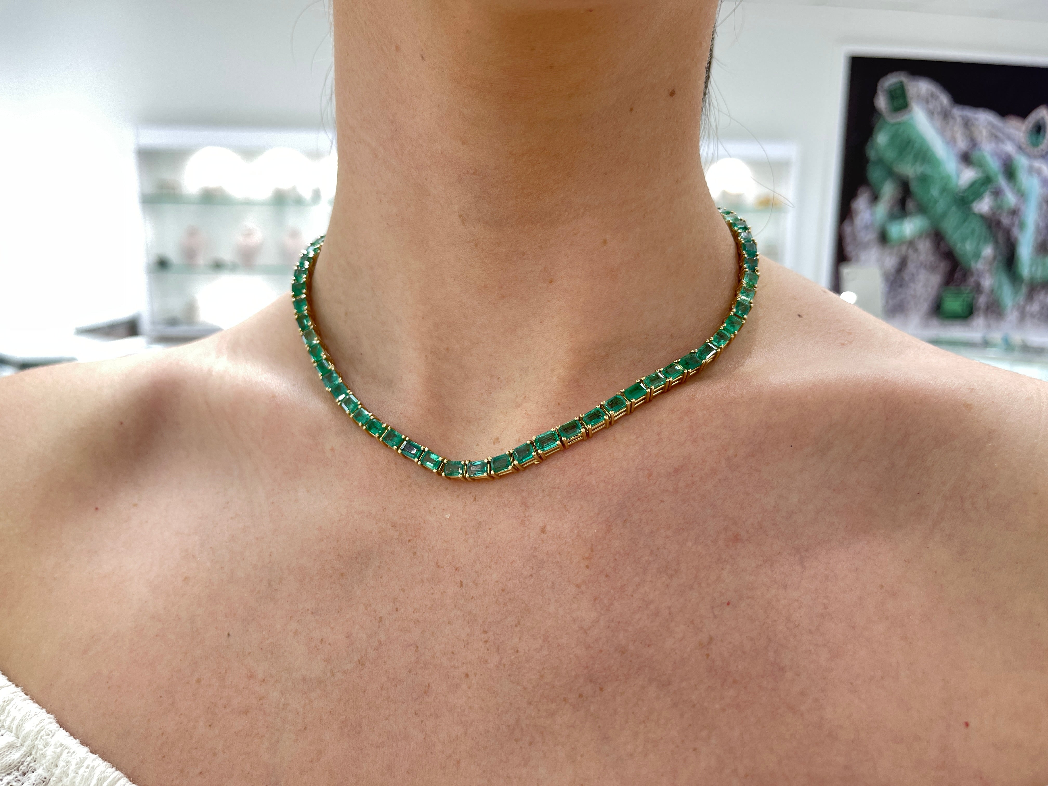 46.28 Carat Large Emerald Cut Prong Tennis Necklace in Solid 14K Yellow Gold | Elegant Jewelry for Weddings, Parties & Special Occasions