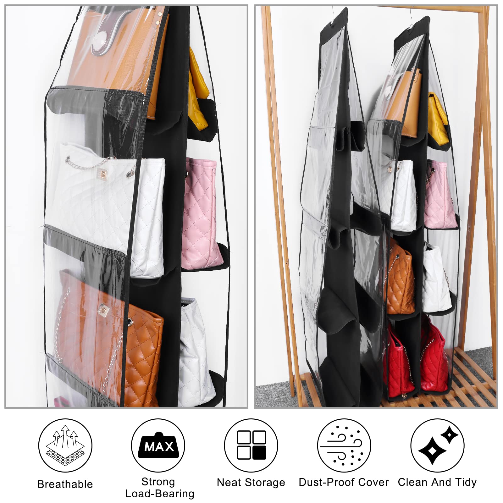 Dust-Proof Hanging Handbag Organizer with 8 Large Pockets - Space Saving Purse & Clutch Storage for Closet & Wardrobe - Perfect for Small Spaces & Travel Organization