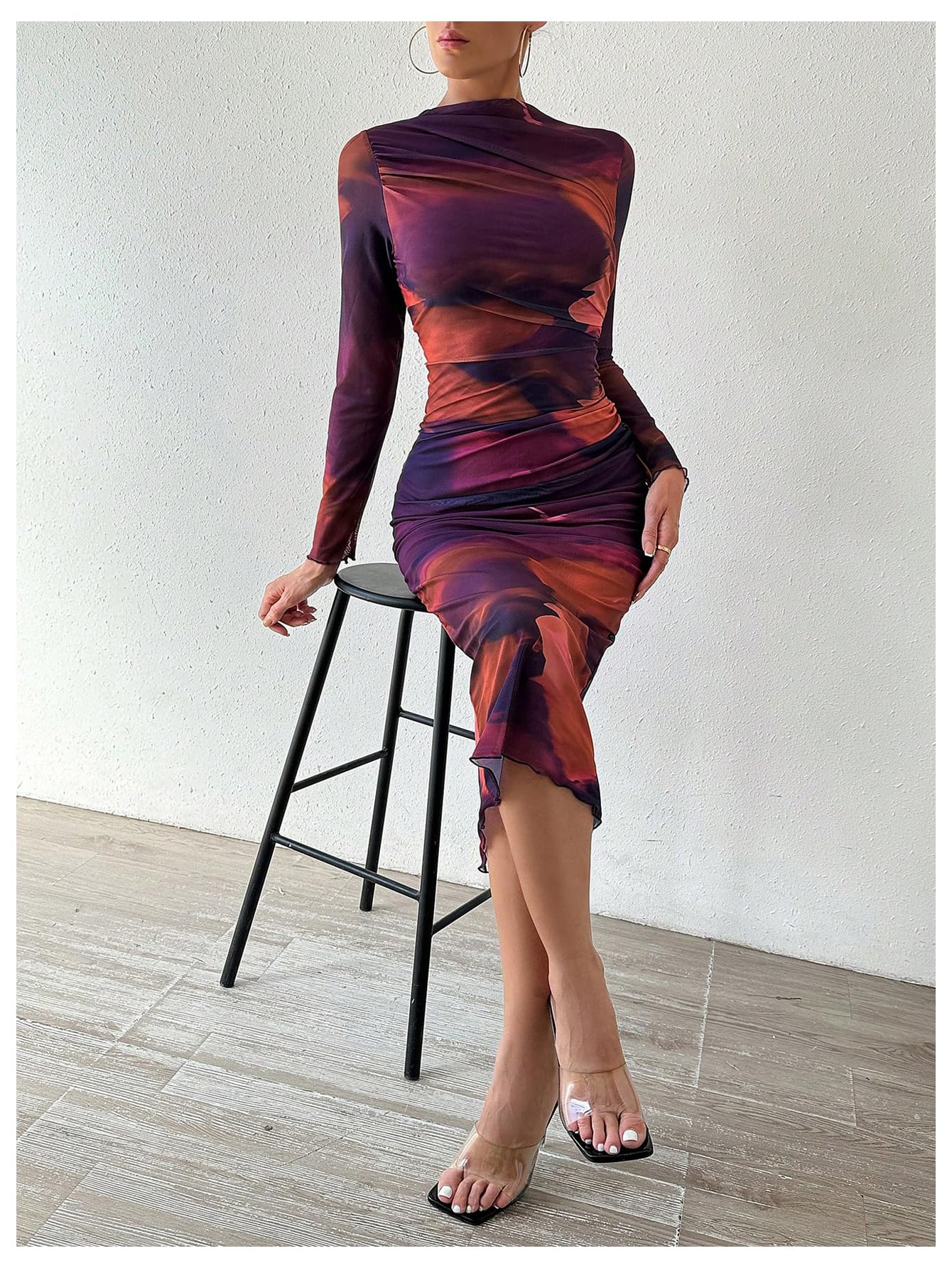 GORGLITTER Women's Ruched Tie Dye Bodycon Dress - Long Sleeve Mock Neck Midi Dress for Party, Club & Evening Wear | Sexy Stretchy Mesh Cocktail Dress