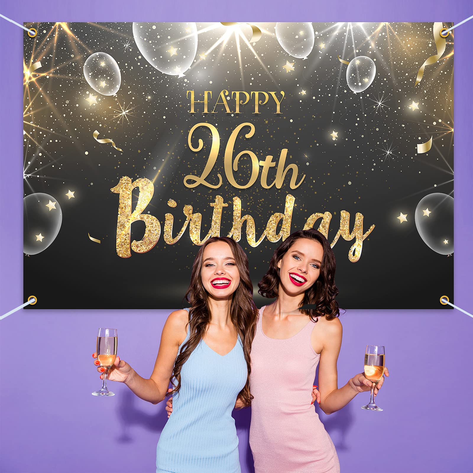 Happy 26th Birthday Glitter Banner Backdrop - 6x4ft Black Gold Shining Party Decor for Women & Men | Perfect for Birthday Celebrations, Photo Booths & Anniversary Parties