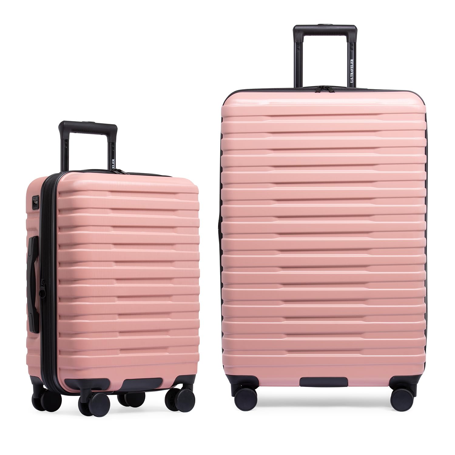 U.S. Traveler Boren 2-Piece Polycarbonate Hardside Spinner Luggage Set with 8 Wheels & USB Port - Pink Aluminum Handle Carry-On Suitcase for Business Travel & Vacation