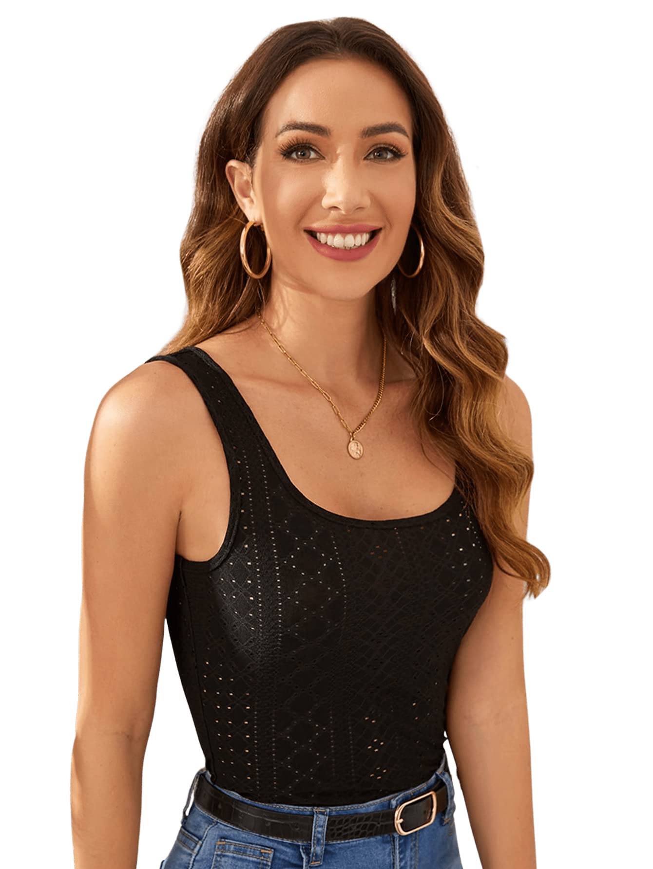 SweatyRocks Women's Sleeveless Crochet Tank Top with Cut Out Eyelet Design - Summer Boho Beachwear, Casual Outfit for Vacation & Music Festivals