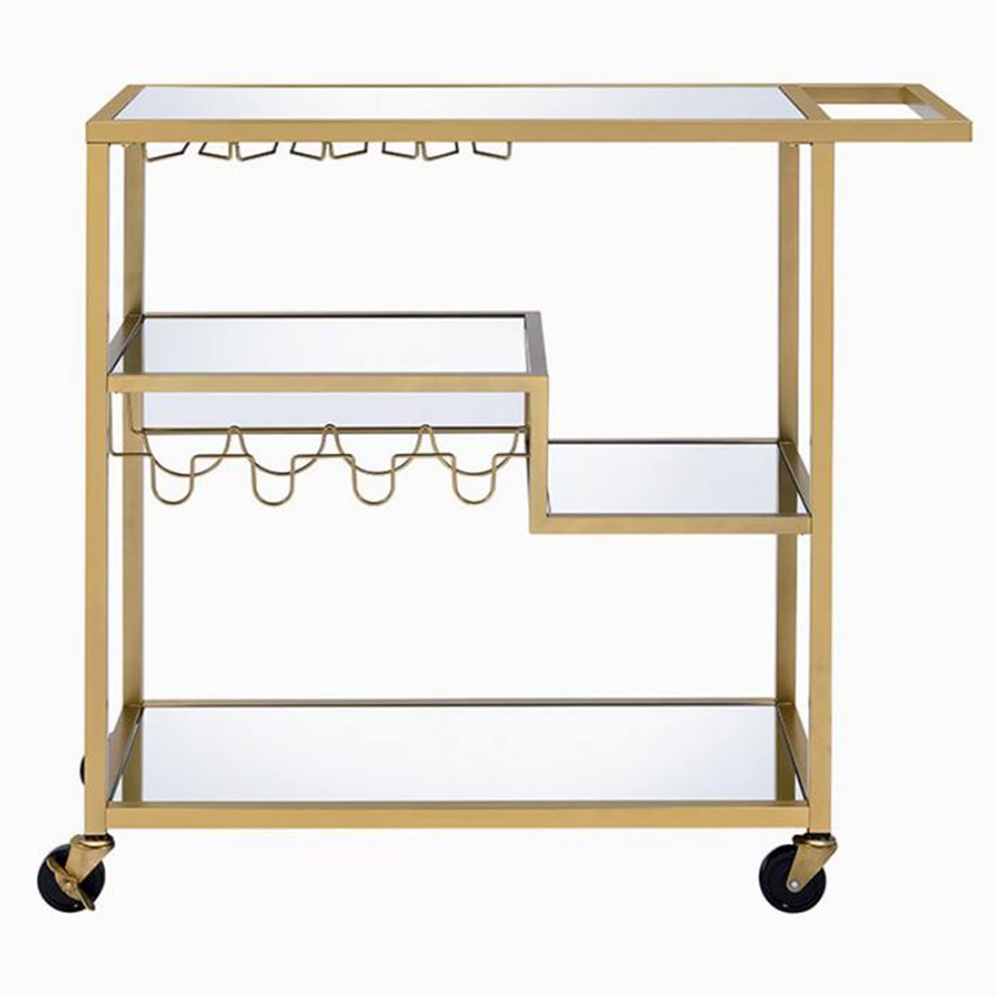 Benjara Gold Metal Serving Cart with Wine Bottle Holder - Elegant Clear Glass Top for Home Bar, Kitchen, and Outdoor Entertaining