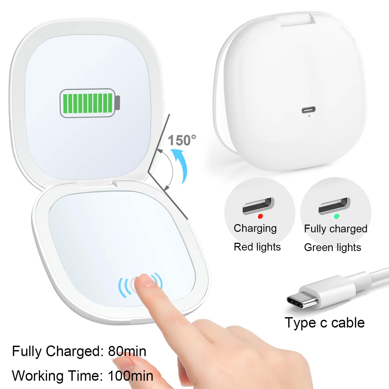 10X Magnifying Makeup Mirror with LED Lights - Rechargeable Travel Mirror, 2-Sided 3 Color Modes, Touch Control, USB-C Charging | Perfect for Home Vanity, Travel & Professional Makeup Artists (White)