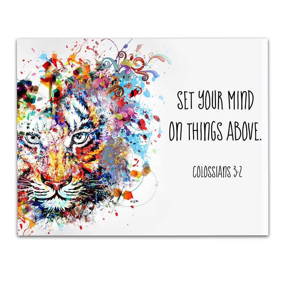 TJ Originals - Colossians 3:2 Bible Verse Wall Art Print, Christian Scripture Home Decor, 11x14 Inspirational Poster Gift for Family & Friends, Birthday Present for Women (Colorful Tiger) - Perfect for Living Room, Bedroom & Church Decor