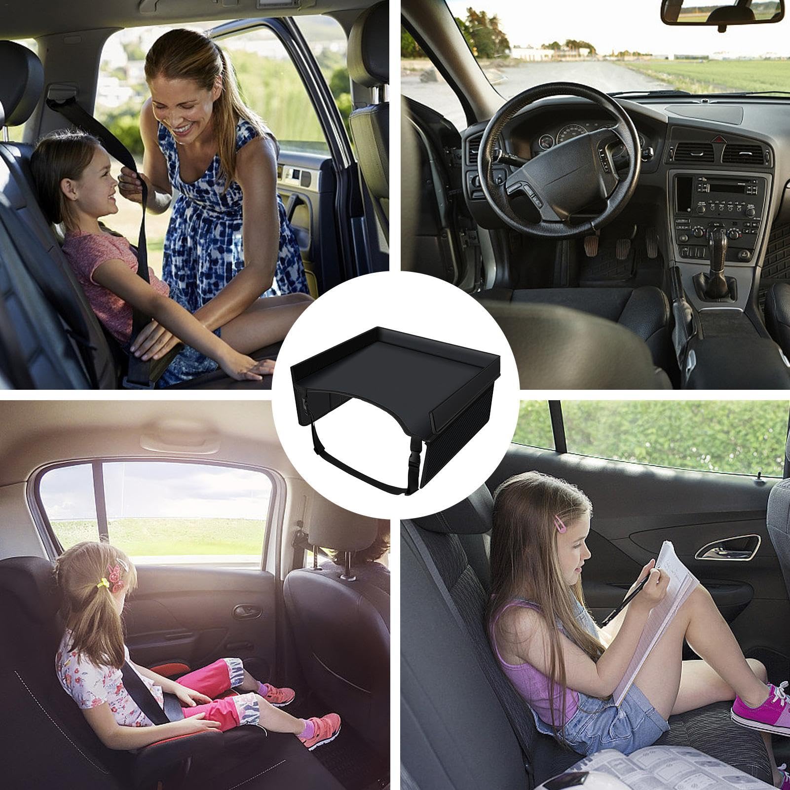Foldable Kids Car Seat Tray with Adjustable Strap & Pocket - Travel Lap Desk for Snacks & Toys