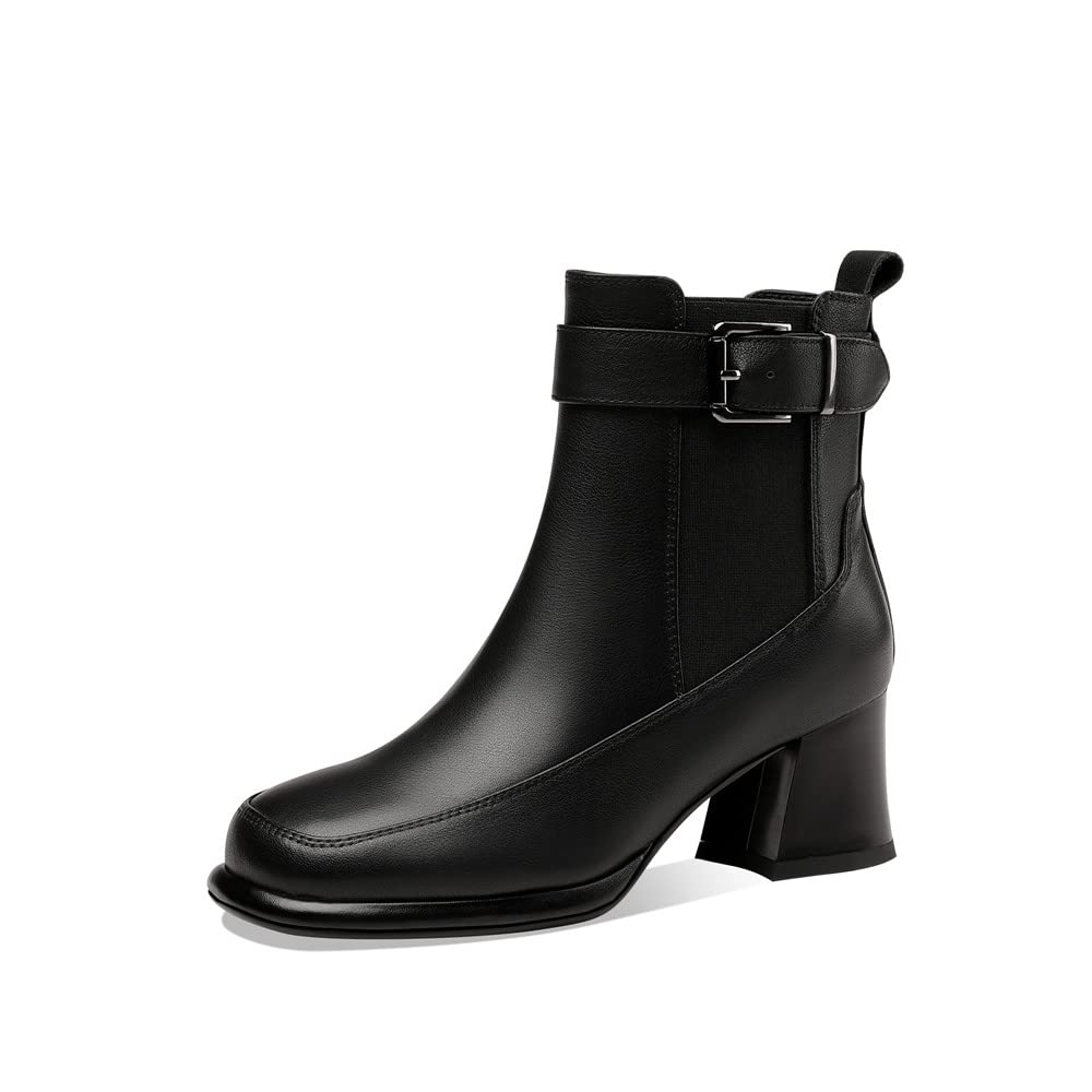 TinaCus Women's Square Toe Genuine Leather Handmade Chunky Heel Ankle Boots with Buckle - Stylish Fall Winter Fashion Booties for Office, Party & Night Out