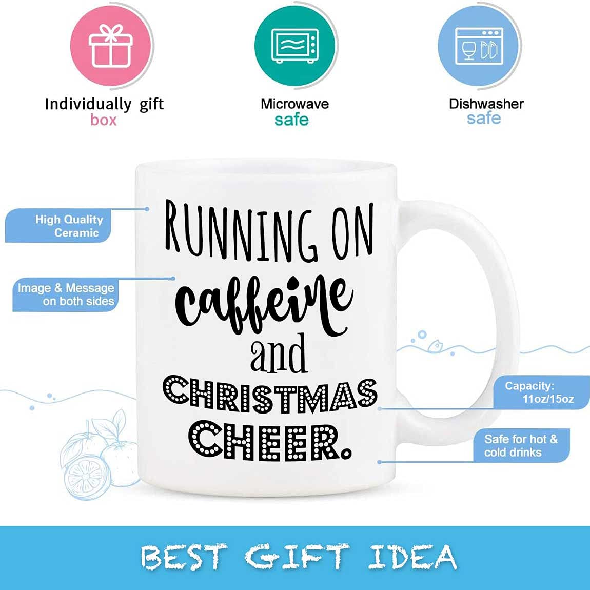 Personalized Ceramic Coffee Mug 11oz & 15oz - Running On Caffeine And Christmas Cheer Holiday Stress Novelty Mug - Perfect Tea Cup Gift for Birthday, Christmas, Thanksgiving - Ideal for Office, Home & Holiday Gatherings