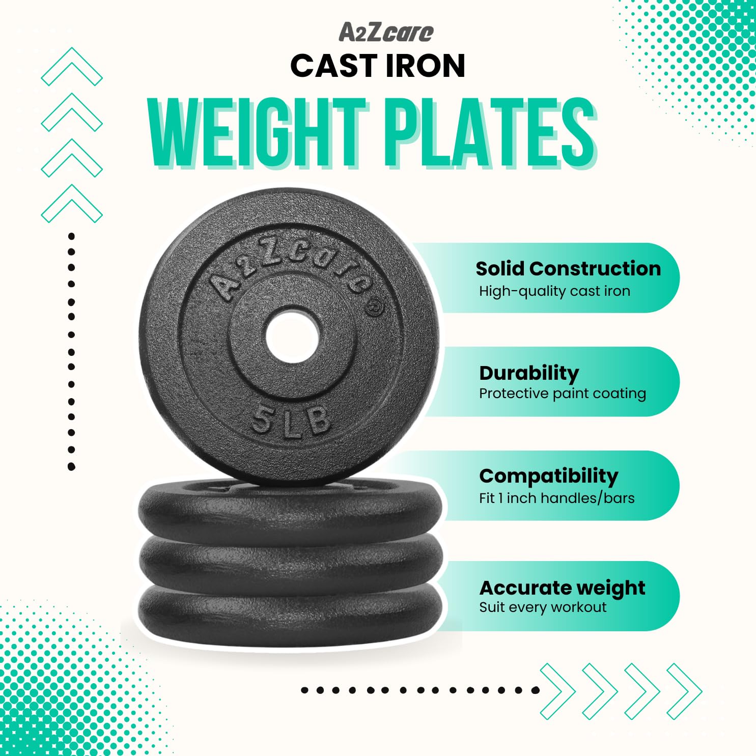 A2ZCARE 1 Inch Standard Weight Plates Set (1.25-15 lbs) - Cast Iron Dumbbell & Barbell Plates for Home Gym, Strength Training & Fitness Workouts