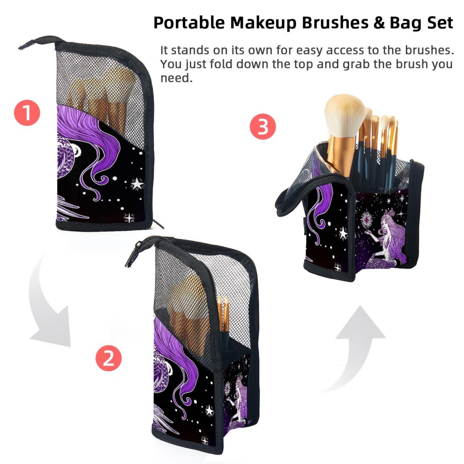 12-Piece Makeup Brush Organizer Bag with Starry Space Mermaid Design - Portable Cosmetic Brush Holder Case for Travel, Home & Professional Makeup Artists