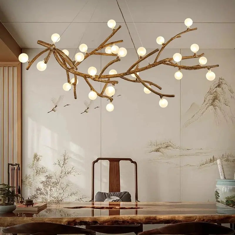 Rustic Branch Chandelier with Frosted & Clear Glass Balls - Farmhouse Ceiling Light Fixture for Dining Room, Bedroom or Living Room Decor