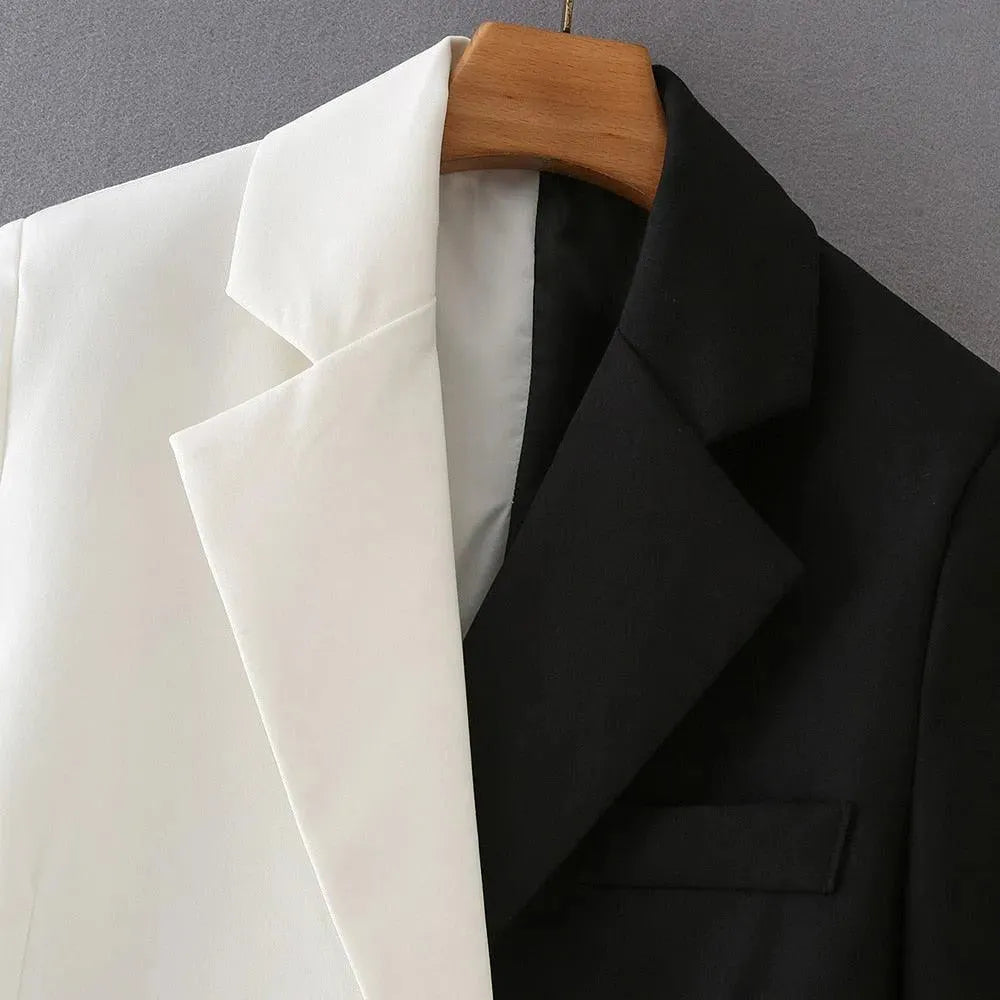 Black & White Crop Blazer for Women | Casual Patchwork Jacket | Office Wear & Spring Outfits