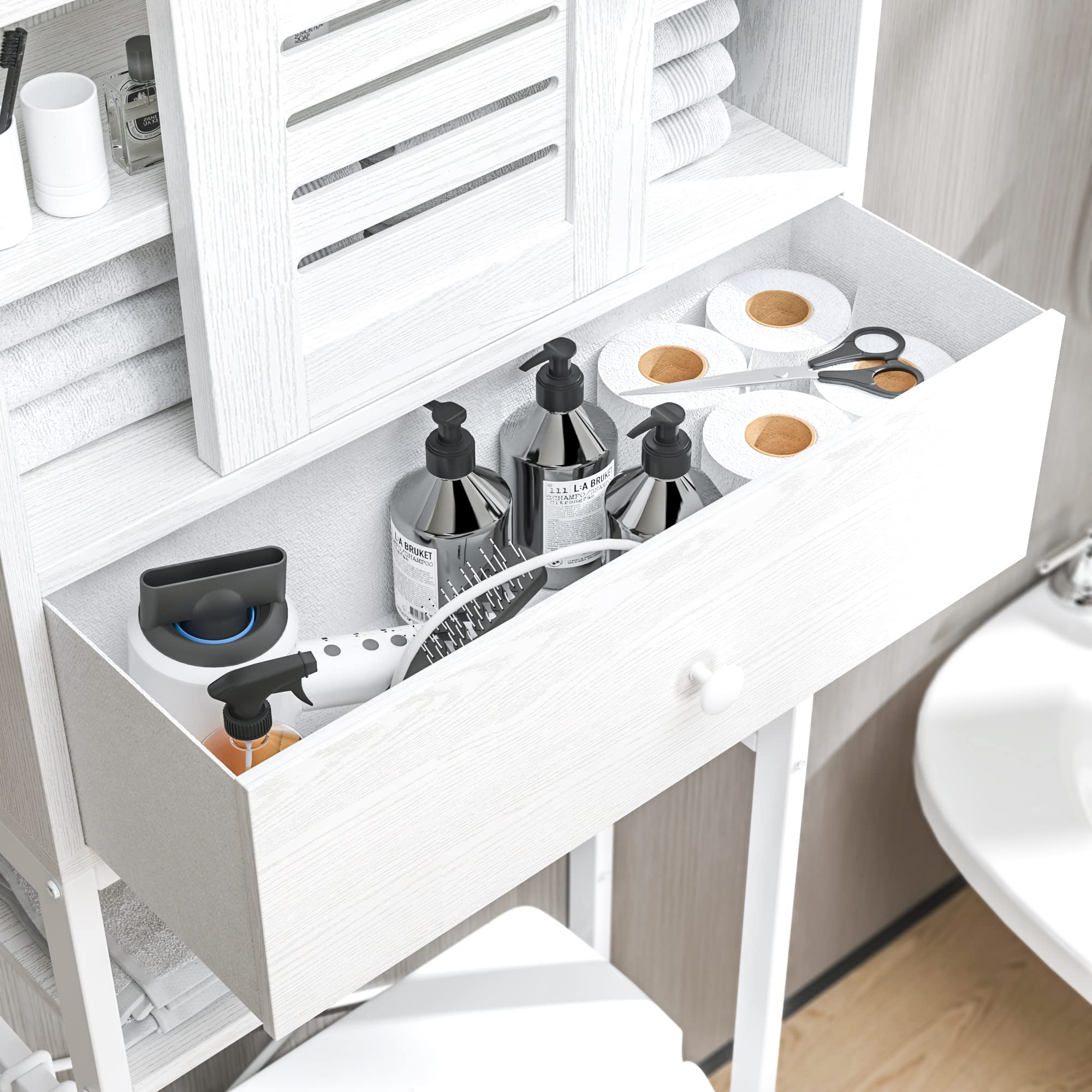 IRONCK 6-Tier Over The Toilet Storage Rack with Cabinet & Drawer - Adjustable Bathroom Organizer Shelves with Sliding Door, Paper Hook - White Space Saver for Small Bathrooms, Apartments & Dorm Rooms