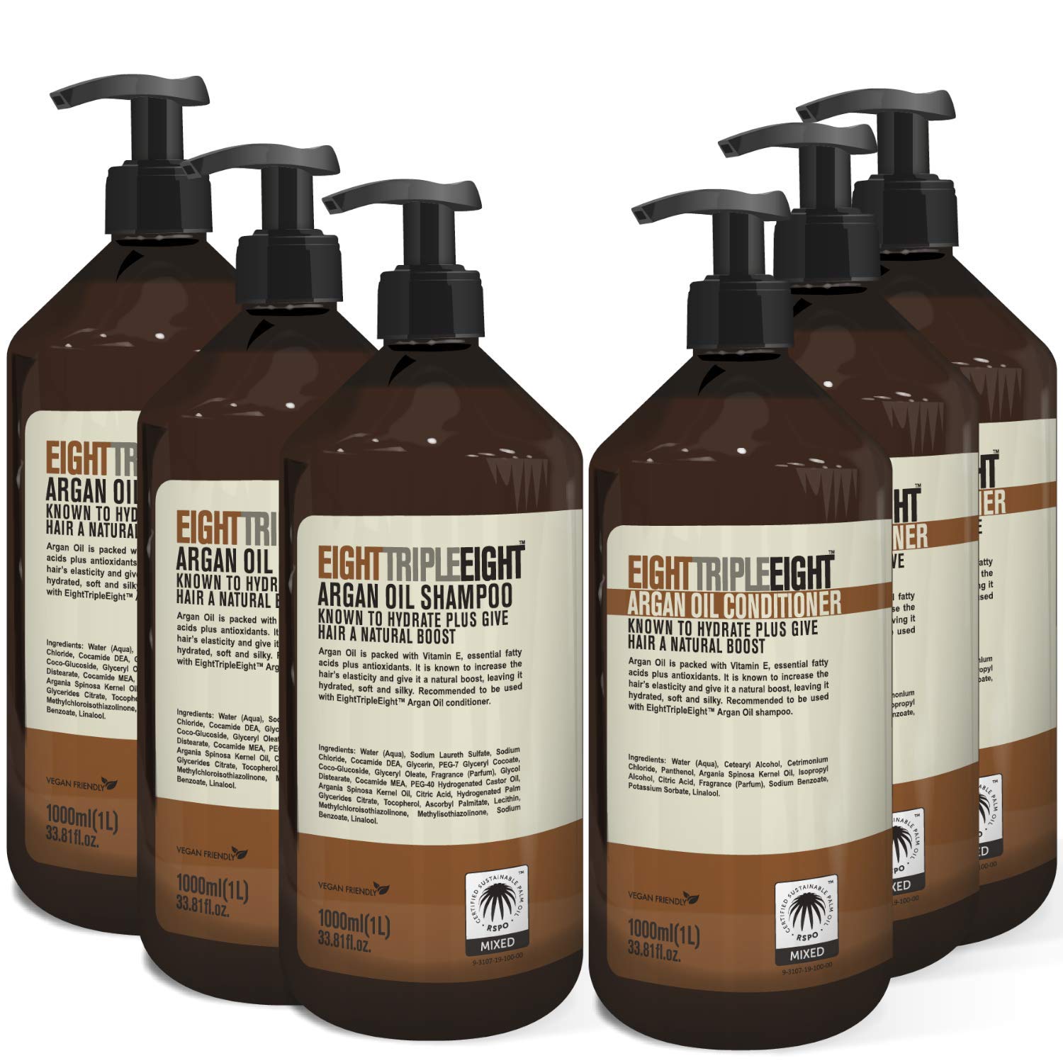 Eight Triple Eight Argan Oil Hair Care Set - 3x Shampoo & 3x Conditioner (1 Litre) for Dry, Damaged Hair | Moroccan Oil Treatment for Hydration & Shine | Salon Quality Hair Care Kit