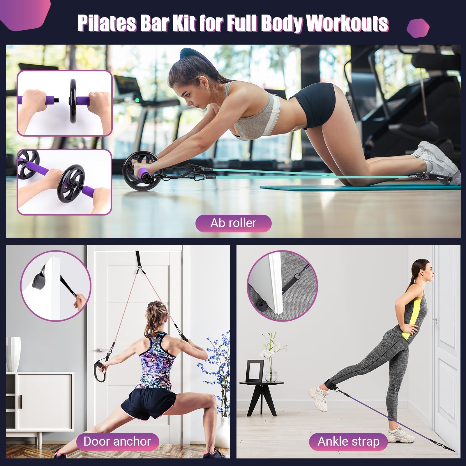 **Pilates Bar Kit with Resistance Bands - Multifunctional Exercise Bar & Ab Roller for Pilates, Abs, Weight Loss - Portable Home Gym Equipment for Full Body Workout - Ideal for Women's Fitness & Home Training**