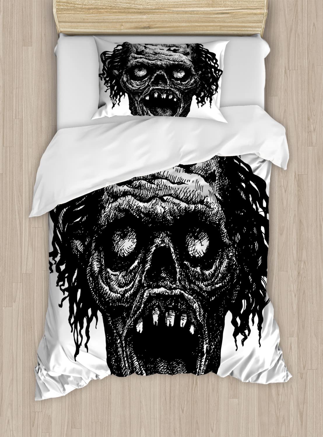 Ambesonne Halloween Duvet Cover Set - Zombie Head Evil Dead Man Portrait Scary Monster Design, 2-Piece Queen Size Bedding Set with 4 Pillowcases (Black & Dark Grey) | Perfect for Spooky Bedroom Decor, Horror Theme Parties, and Halloween Gift Ideas
